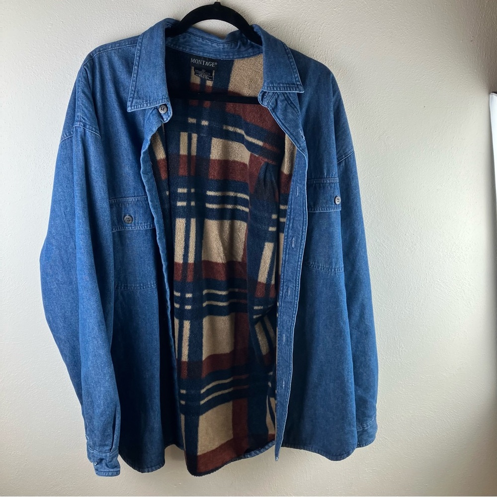 Montage Denim Shirt Jacket Lined Fleece Plaid Blue Medium Wash Size L